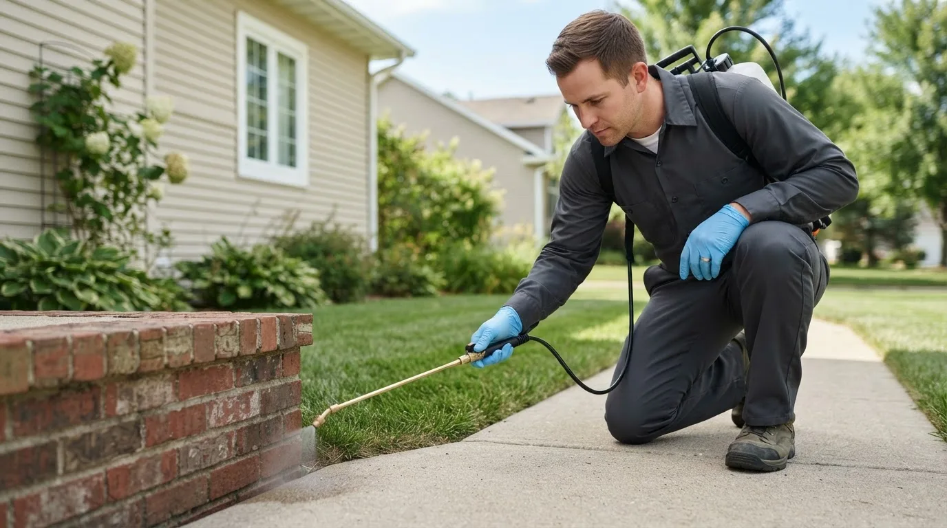Pest control technician treating a home near Holdingford, MN